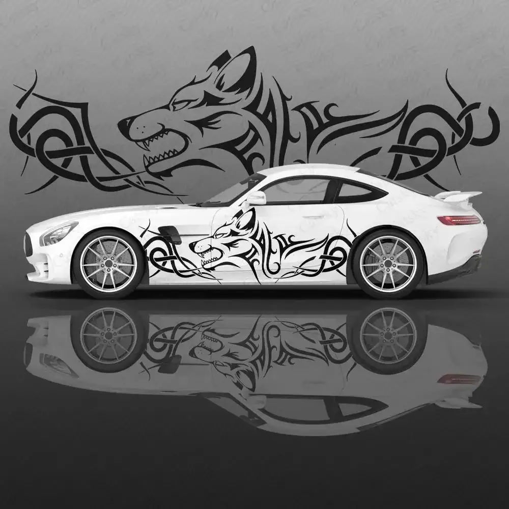 2pcs Totem Wolf Car Body Sticker Vinyl Wrap Car Side Decal Sticker Car Decoration Sticker Cars Protective Film Auto Accessories