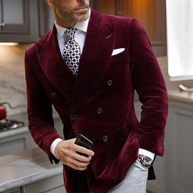 Burgundy Double Breasted Velvet Men Blazer Elegant Single Coat Smoking Male Suit Dinner Jacket with Big Peaked Lapel Costume AliExpress 200000343