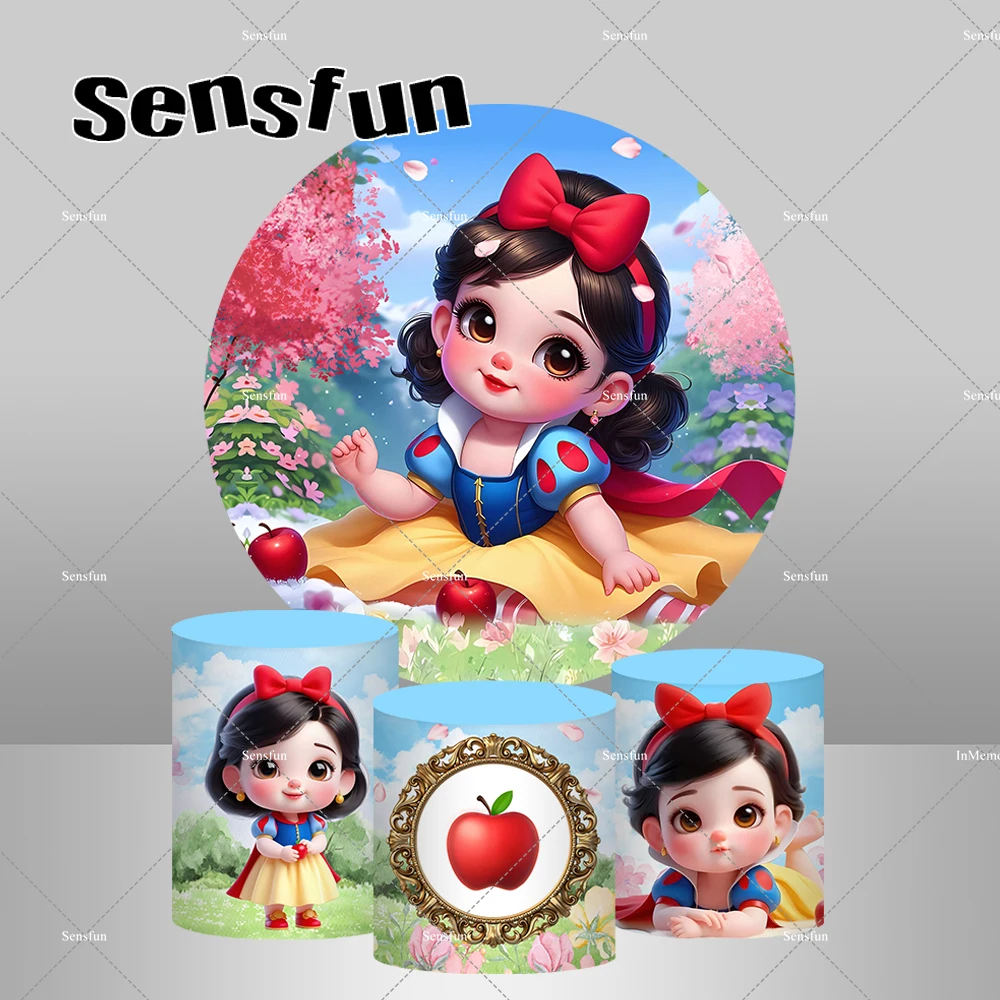Capa redonda circular para meninas, princesa branca de neve, Cartoon Fairy Table, Baby Shower, 1 ° aniversário, Plinth Covers