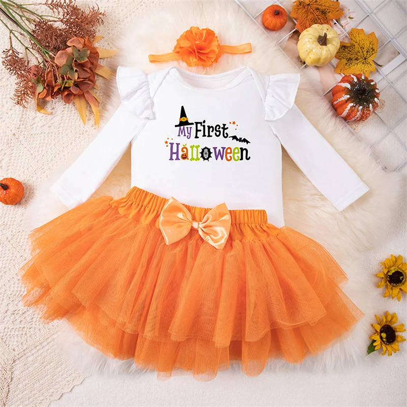 0-18M Baby Girls 3Pieces Outfit Set Ruffled Long Sleeve Letter Witch Hat Print Romper + Lace Tulle Layered Skirt + Bow Headband