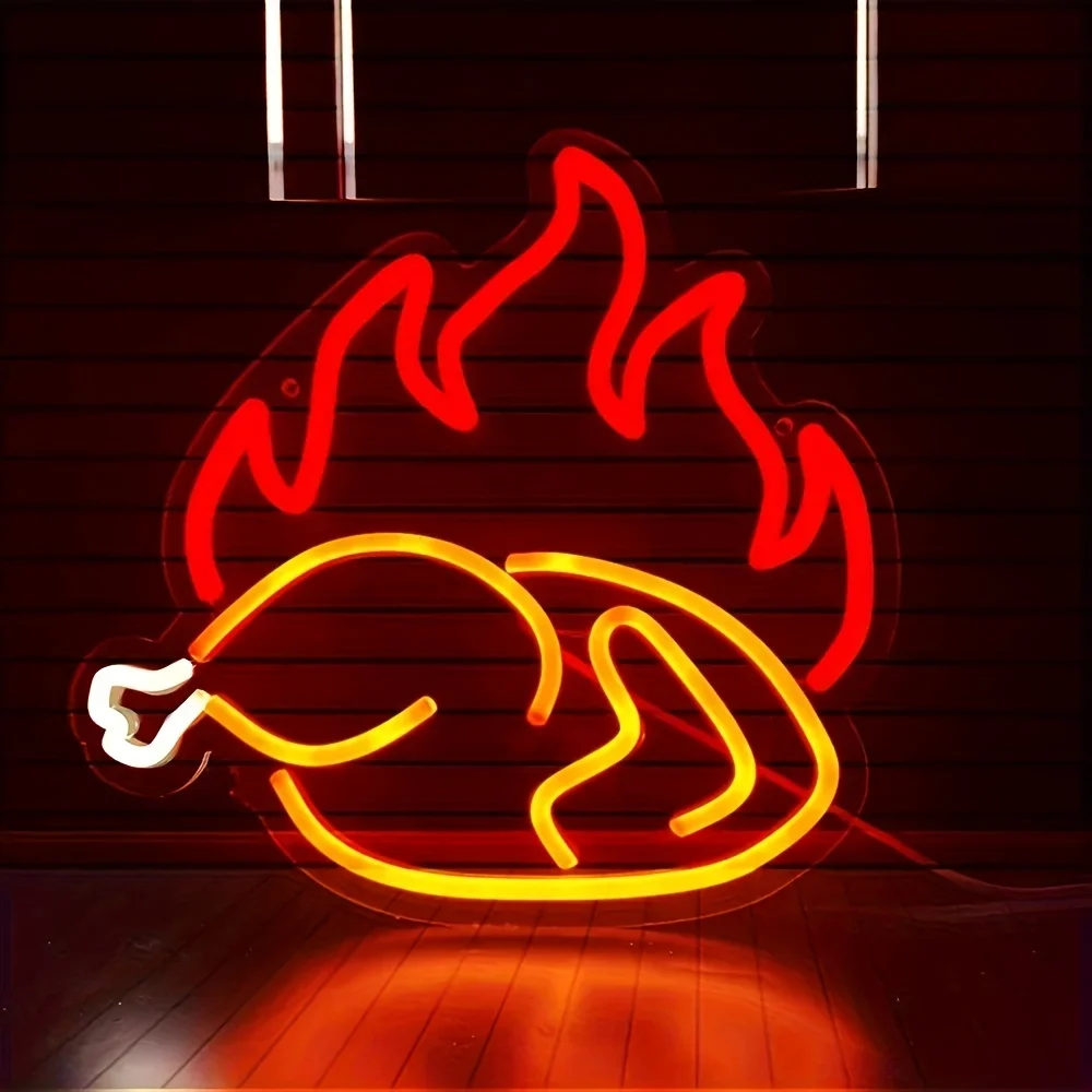 Grilled Chicken Neon Sign LED Neon Light USB Dimmable for Fast Food Chicken Restaurant Kitchen Window Decor Gift for Family