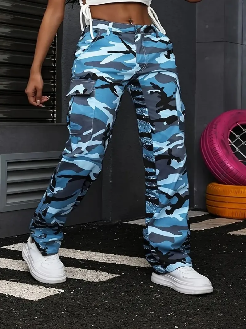 Bolsos laterais não elásticos femininos, lavagem multicolorida, camuflagem azul marinho, esportes e jeans de trabalho retos casuais