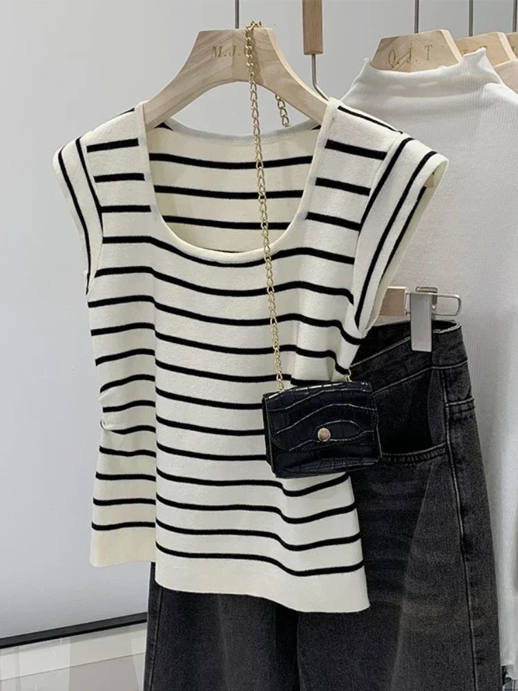 2026 Summer Spring Striped Tank Tops Women Sleeveless Knitted T-Shirts Crop Tops Female Elastic Slim Casual Vests Pullover Camis