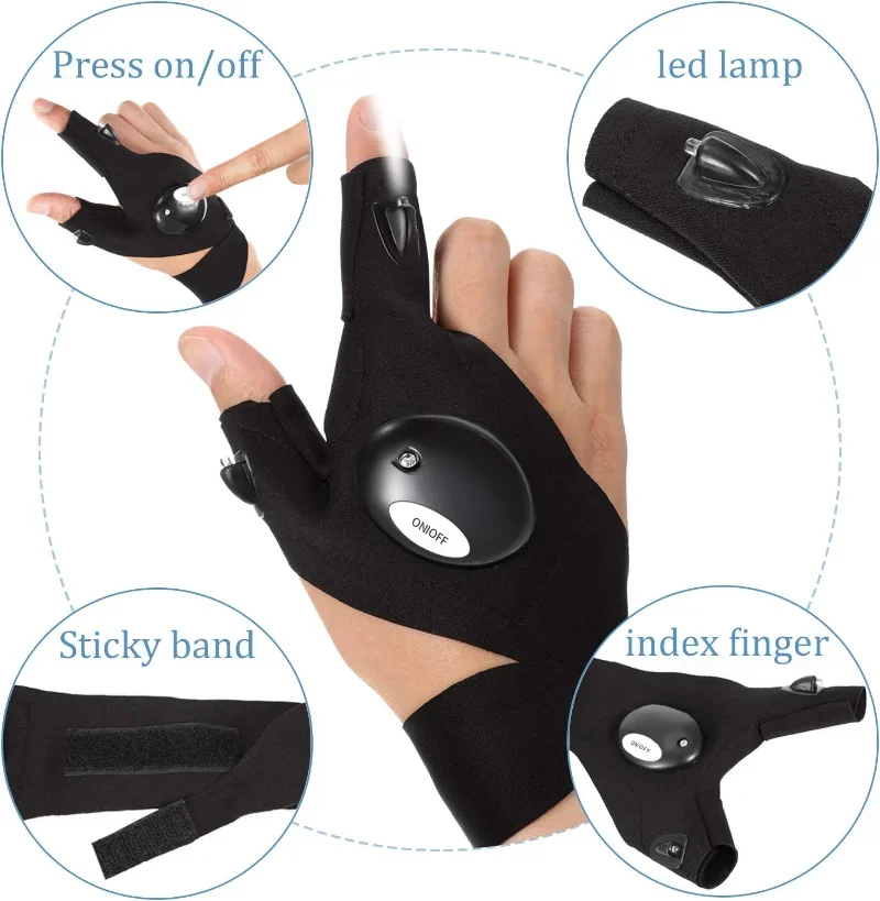 Outdoor LEDFlashlight Magic Strap Fingerless Gloves Night Light Waterproof Half-finger Glove Camping Hiking Cycling Rescue Tools