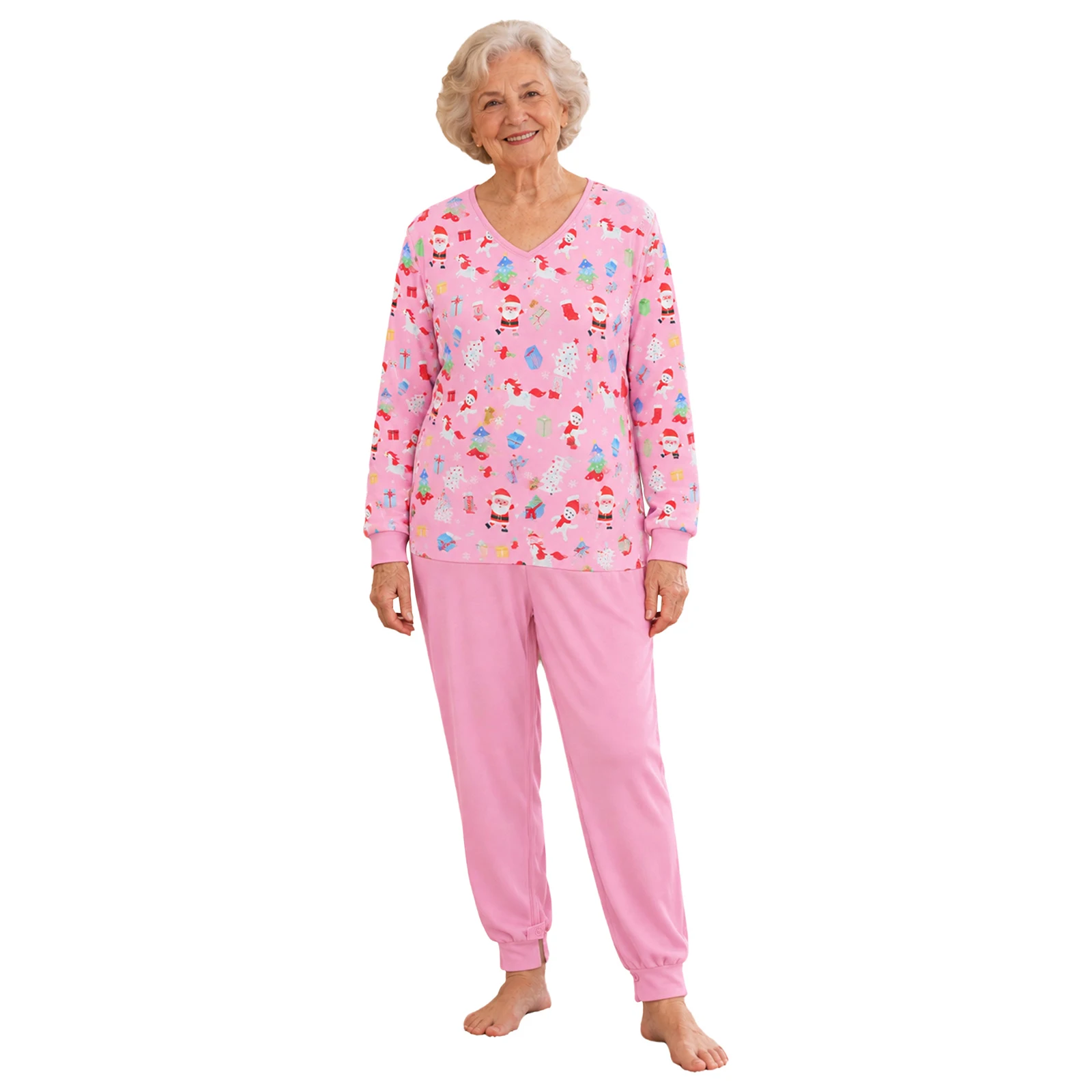 Adults Anti-strip Nursing Jumpsuit V-neck Long Sleeve Zipper Back Crotch Christmas Print Patchwork Bodysuit Nightwear view 4