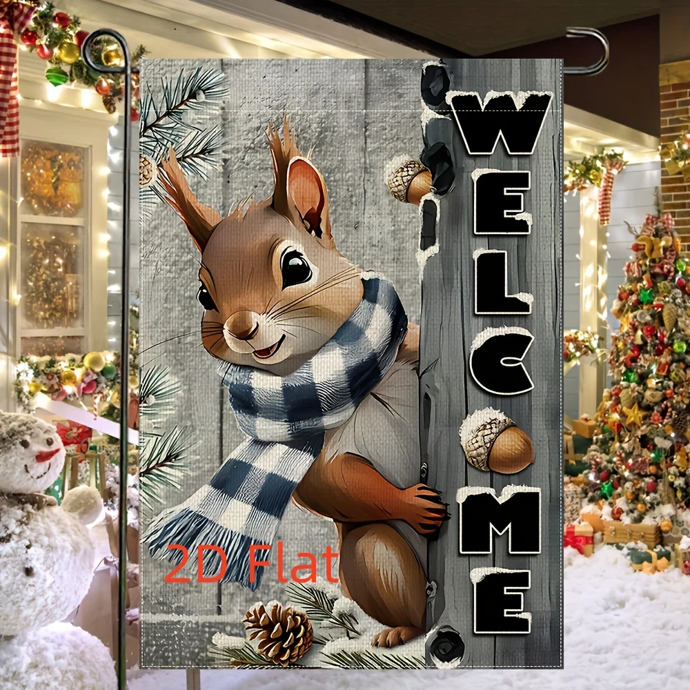 2D Flat, 2D Door Flag, 1 Piece, Country Nut Squirrel Welcome Garden Flag, 12.0x18.0 Inches, Double Sided Polyester Yard Decor, Festive Winter Christmas Outdoor Banner, No Flagpole Required, Home & Garden Festive Decor, 2D Flat, 2D Flat