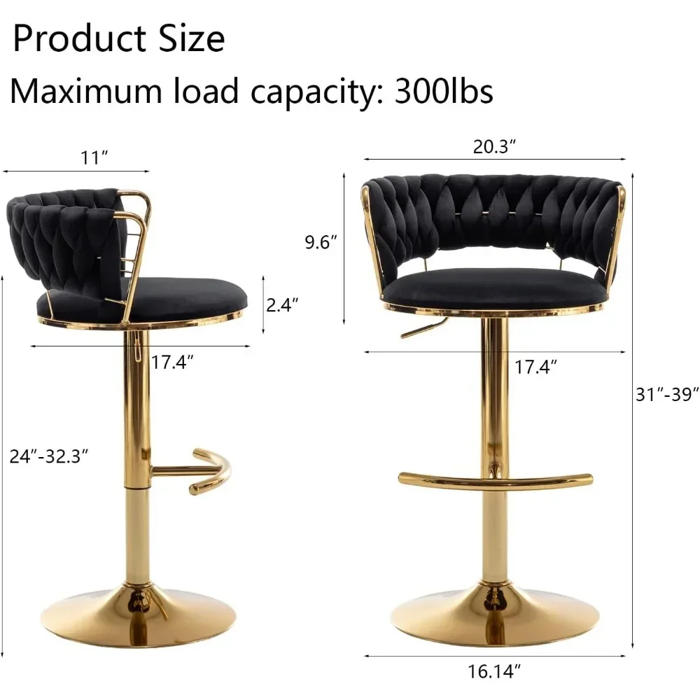 Gold Velvet Bar Stools Set of 4, Counter Height Bar Stools with Low Back, Swivel Bar Stool for Kitchen Island