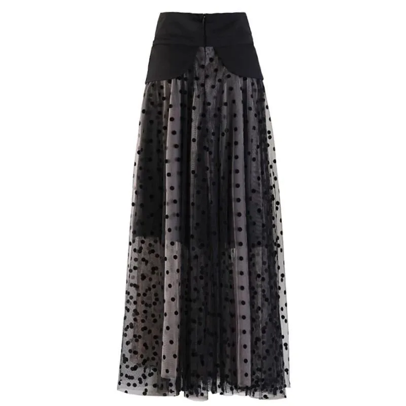Women Maxi Skirt Y2k Black Lace Mesh 2025 Spring Summer Sexy High Waist Flare Long Skirt Solid Beach Elegant Evening Clothing
