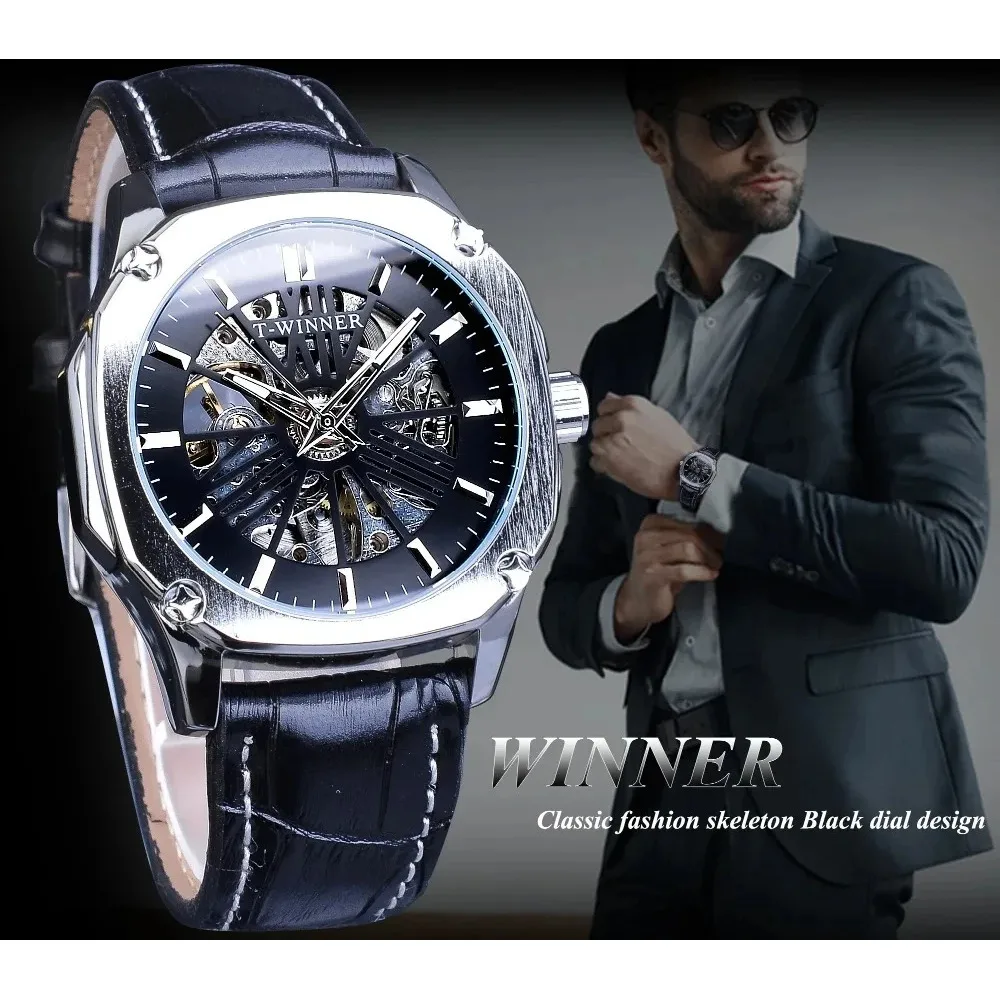 T-WINNER Automatic Mechanical Watch for Men Hollow Tourbillon Genuine Waterproof Luminous Leather Strap Men Watch Reloj Hombre