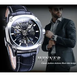 T-WINNER Automatic Mechanical Watch for Men Hollow Tourbillon Genuine Waterproof Luminous Leather Strap Men Watch Reloj Hombre