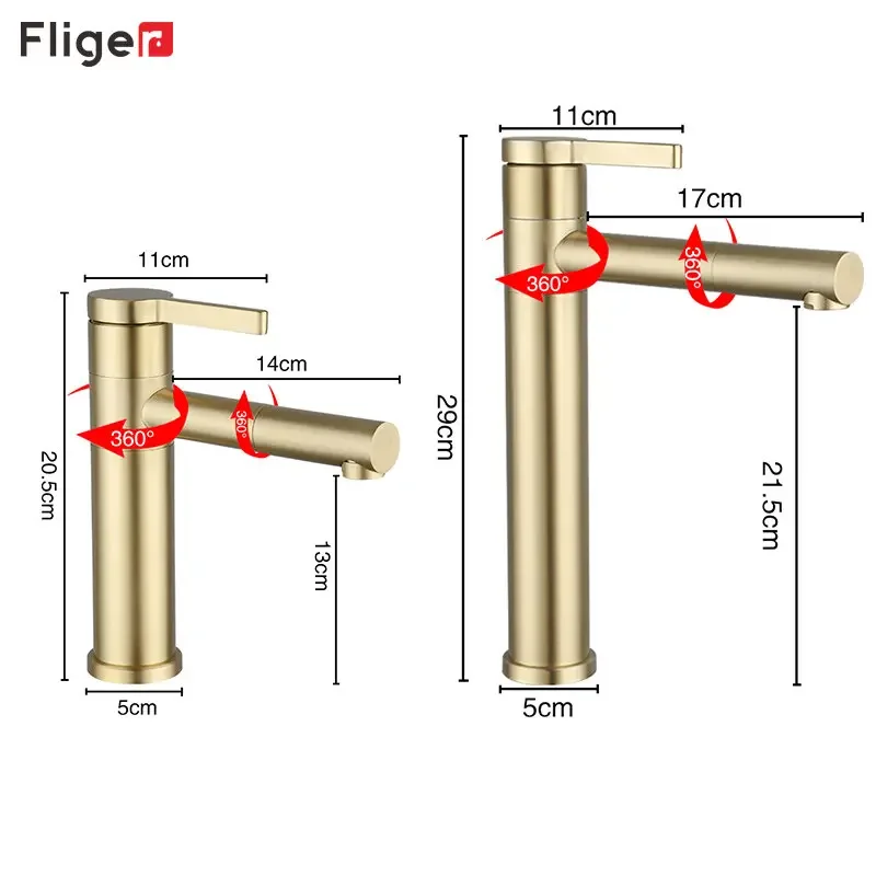 Fliger Gold Bathroom Sink Faucet Tall Basin Faucet Bathroom Faucet Countertop Sink Faucet Hot Cold 360° Rotating Mixer Crane