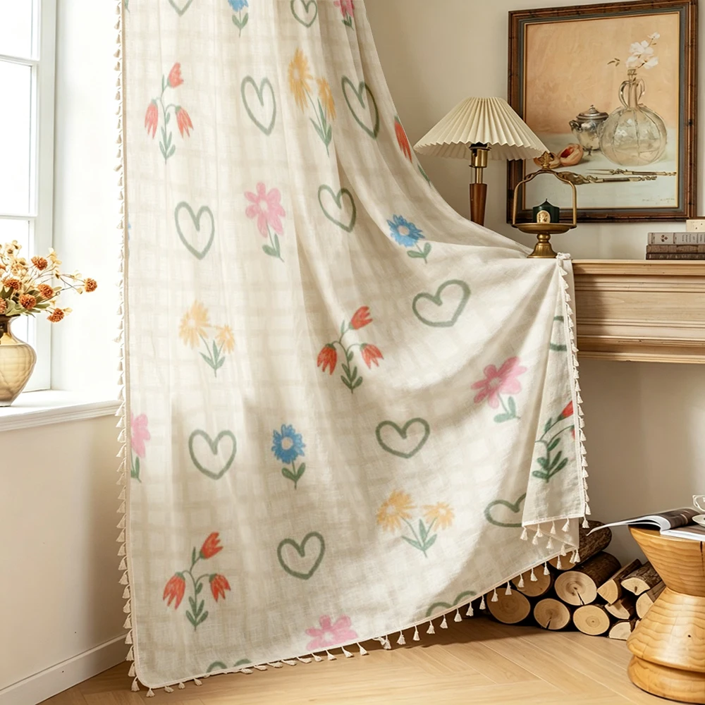 1PC Autumn Tassel Sheer Curtains, hand drawn flowers hearts, Digital Print, Linen Polyester, Living Room Bedroom Window Decor