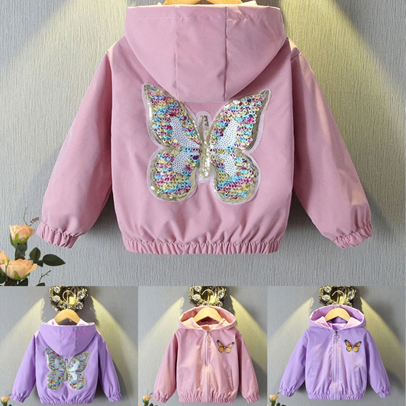 

New Design Kids Spring Autumn Fashion Hooded Jacket with Butterfly Sequins for Tweens Girls Casual Outerwear Child Hoodies Coat
