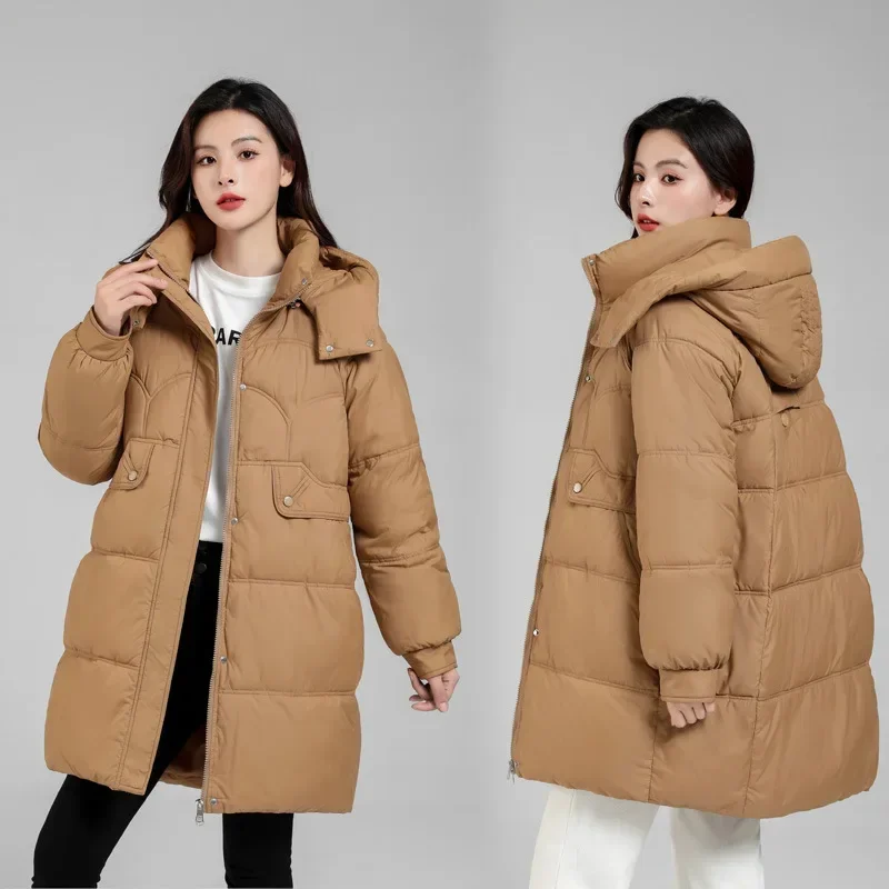 

Down Cotton Coat Women 2023 Winter New Fashion Long Loose Detachable Hooded Parkas Jacket Casual Thick Warmth Clothing