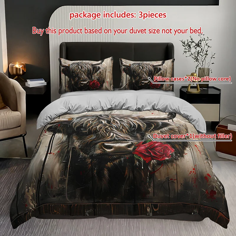 

3pcs Highland Cow Rose Bedding Duvet Cover Set Highland Cow Bedding Quilt Set Animal Themed Bed Quilt Set Romantic