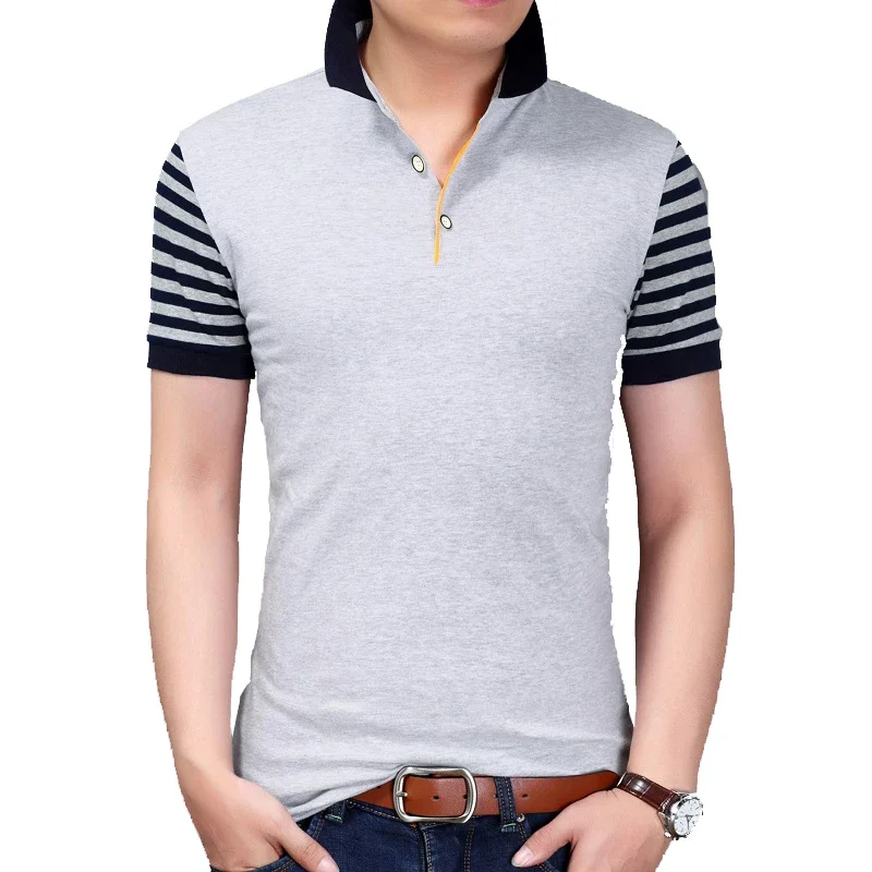 Summer New Fashion Men T-shirt Striped Short Sleeve Turn-down Collar Patchwork Design Tshirt Men Clothing