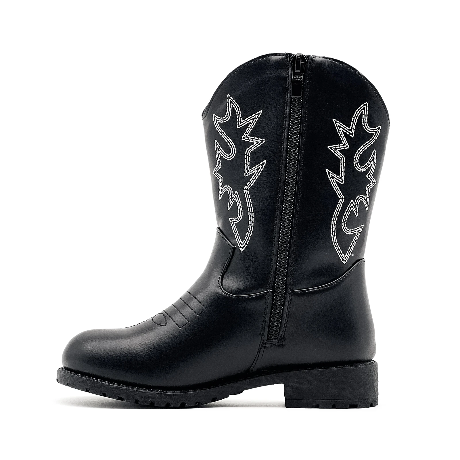Kids Western Cowboy Cowgirl Boots, Mid Calf Round Toe, PU Side Zipper Low Heel, Embroidery & Rhinestone Decor for Boys & Girls