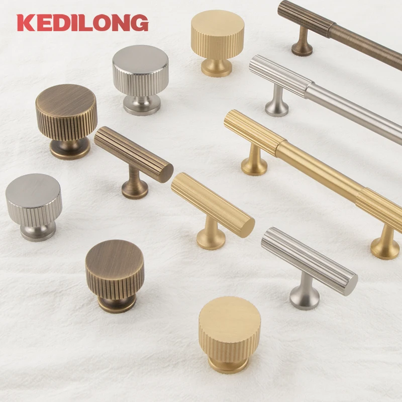 KEDLO European Luxury Solid Brass Gold Long Handle Vertical Pattern Vintage Bronze Knob Cabinet Drawer Nickel Brushed Handle