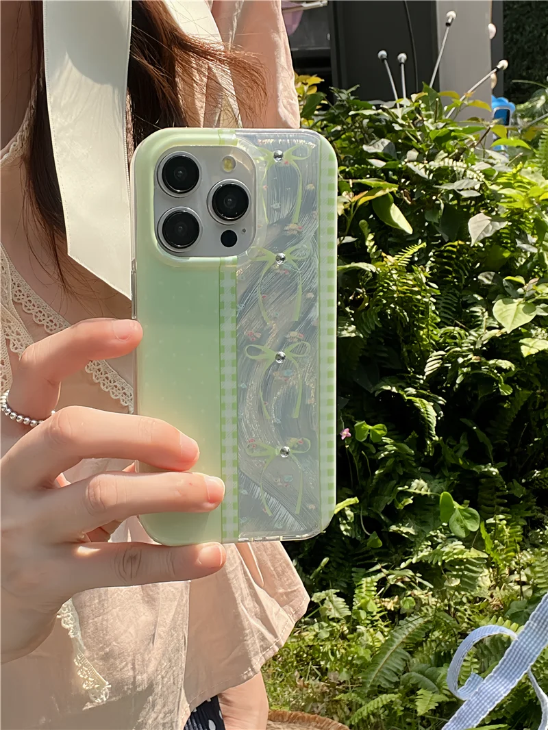 

Korean Cute Fresh Summer Floral Flowers Bow Green Phone Case for iPhone 15 14 13 12 Pro Max 11 Shockproof Back Cover for Girl