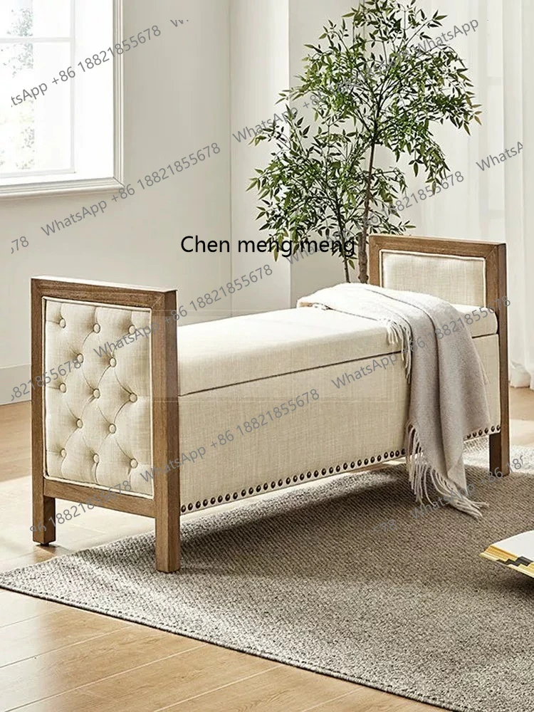 

American solid wood retro bedside stool linen buckle luxury leisure bench fabric sofa porch shoe changing stool
