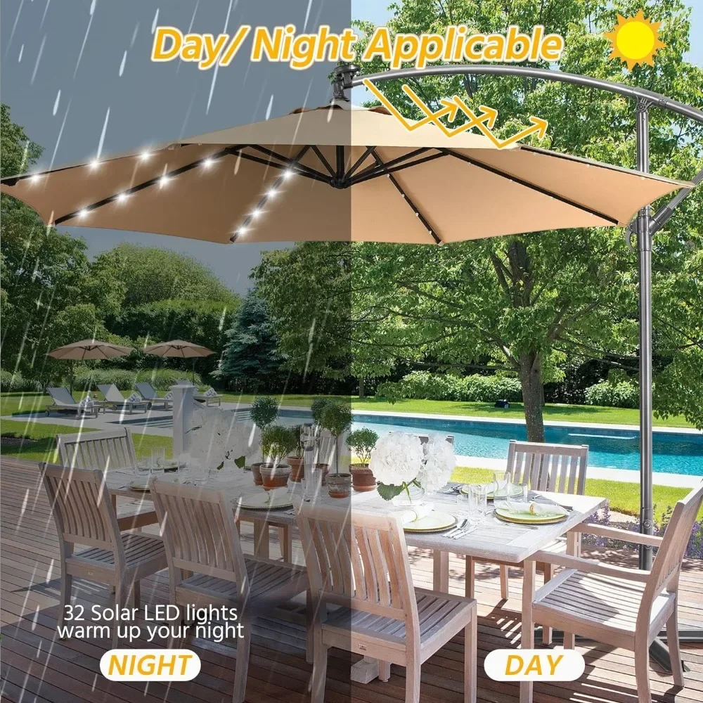 10FT Solar Offset Umbrella with 32 LED Lights Cantilever Hanging Outdoor Umbrellas Handy Crank & Cross Base for Lawn/Deck