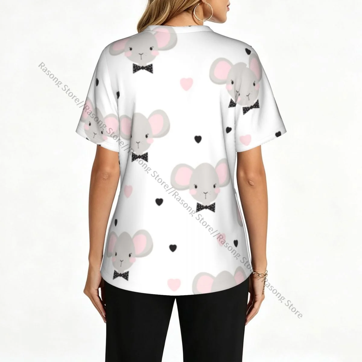 Women Scrubs Blouse Medical Nurse V-neck Clinical Scrubs Top Cute Mouse With Bow Hearts Operating Room Work T-shirt