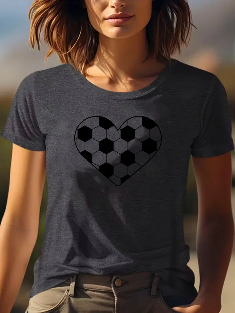 

Heart Soccer Women's Graphic Casual T-Shirt All-Season Wear Short Sleeve Round Neck Gray Tee 180g All-Season Wear