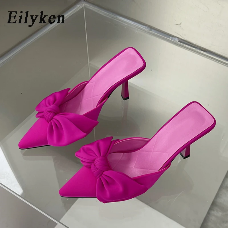 Eilyken New Style Butterfly-knot Mules Women Slippers Elegant Pointed Toe Thin High Heels Ladies Summer Fashion Party Prom Shoe