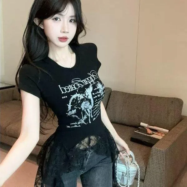 Slim Fit Short Sleeve T-Shirt Women's Summer New Style Letter Print Lace Patchwork Cleanfit Casual Wear Top