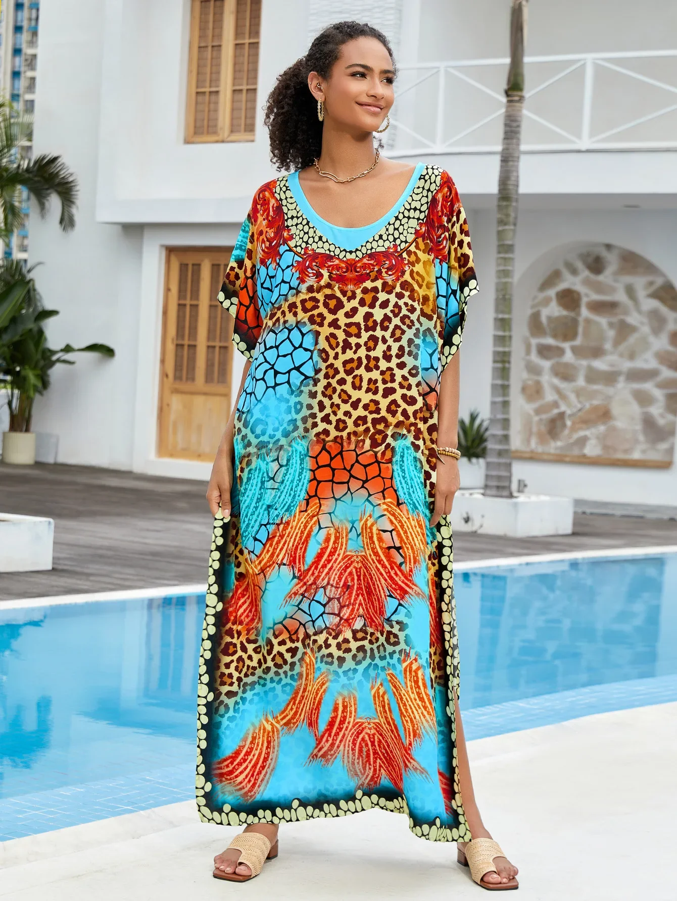 Grüner Pflanzendruck 2025, neuer Trend, langes Strandkleid für Damen, Sommer-Outwear, Vertuschung, Boho-Kimono, Strandmode, Kleider, Vertuschung