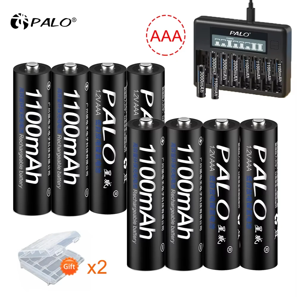PALO AAA Wiederaufladbare Batterie 1100mAh 1,2V Ni-MH AAA Batterie 3A Batterien mit 8-Slot Smart-Ladegerät für 1,2V AA AAA NiMH Batterien