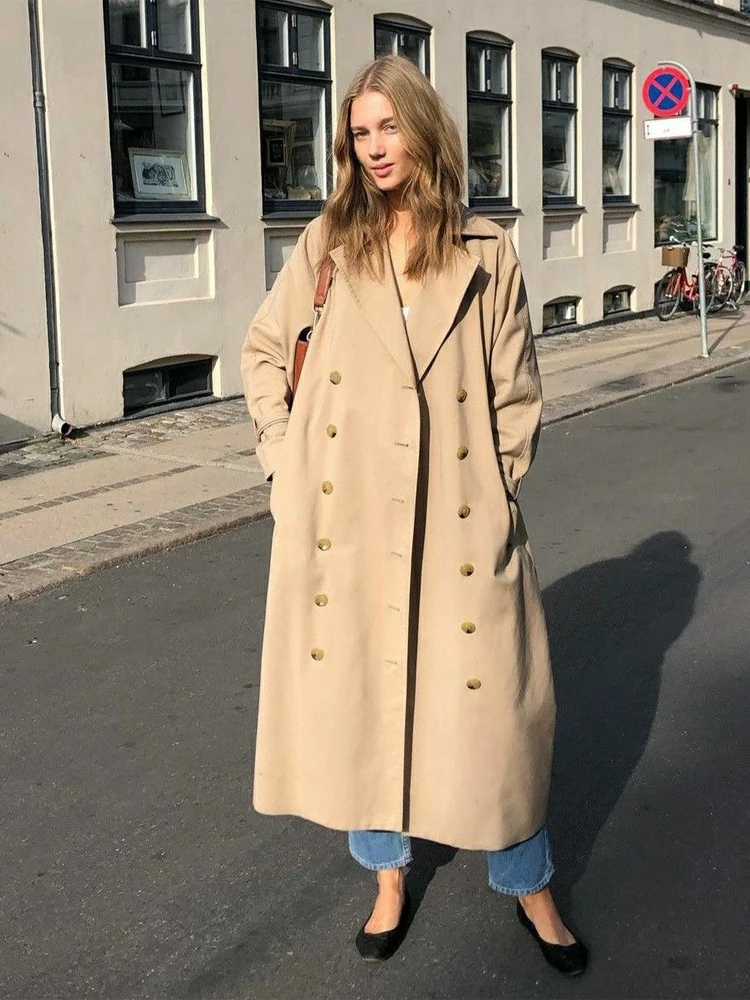 Khaki Lapel Oversized Long Trench Coat Double‑breasted Long Sleeve Loose Maxi Wind Coat 2026  Women Autumn Daily Casual Outfits