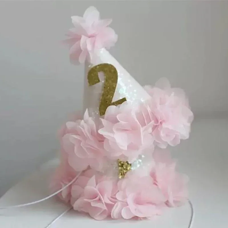 1 2 3 Years Old Birthday Hat Pink Flower Princess Hats Baby Girls Mini Headband Baby Shower Happy Birthday Party Decoration Cap