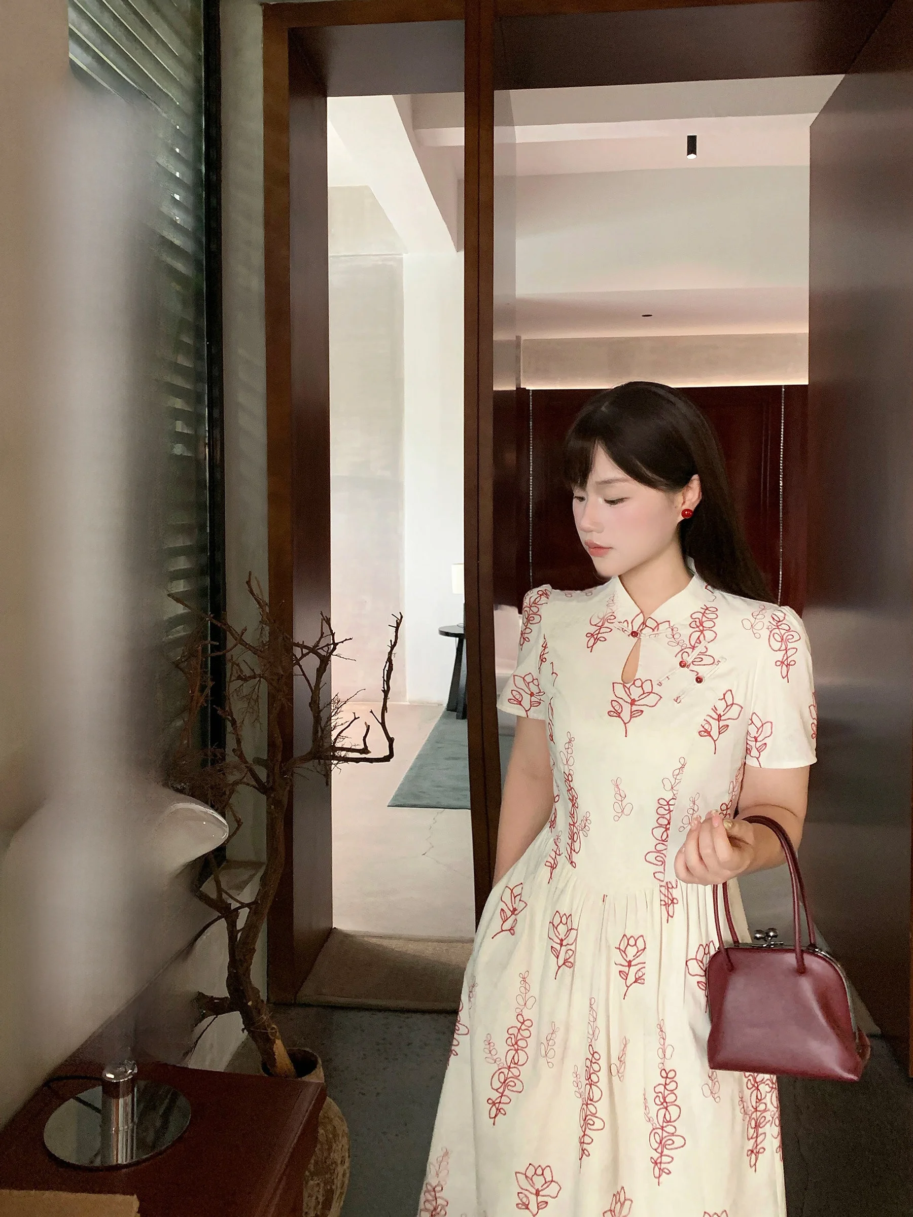 

New Chinese Style Embroidered Dress Women's Summer Slimming Dress QiPao Skirt Soft Cotton Short Sleeve Regular Sleeve