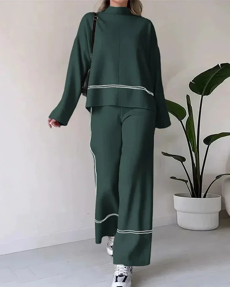 Pant Sets Women Two Piece Knit Full Sleeve Stand Collar Top Pullovers Midi Waist Long Pants Straight Casual Autumn Winter
