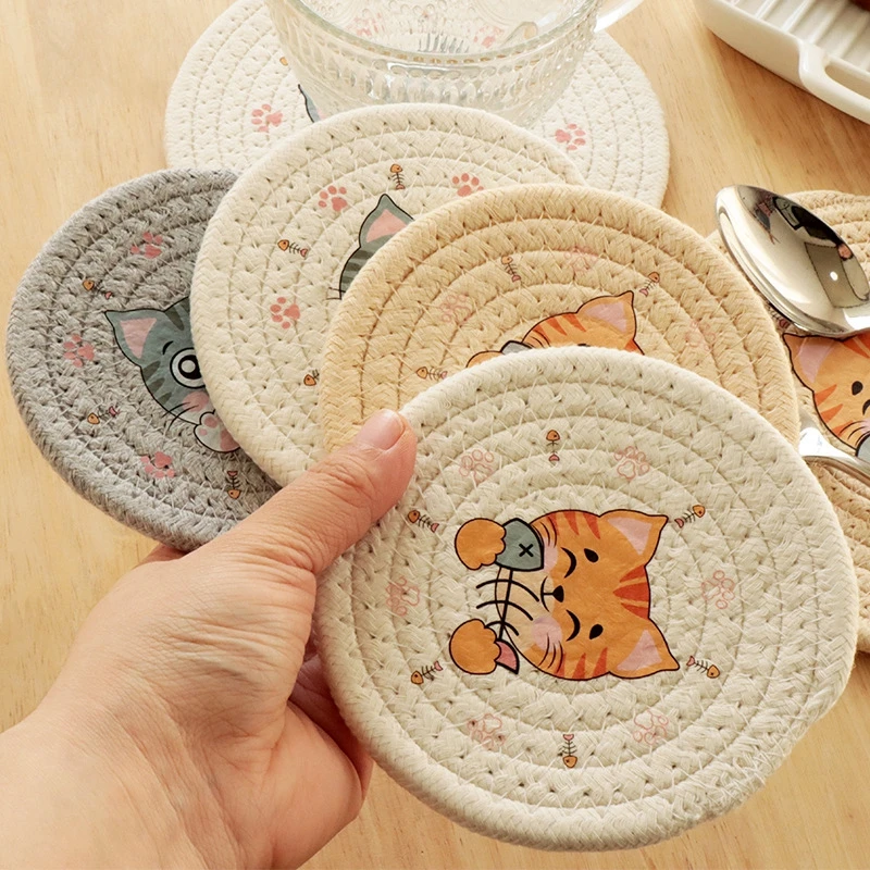 Woven Coaster Cup Mat Table Heat Insulation Pad High Temperature Resistant Meal Pad Round American Printed Cat Pad Placemats