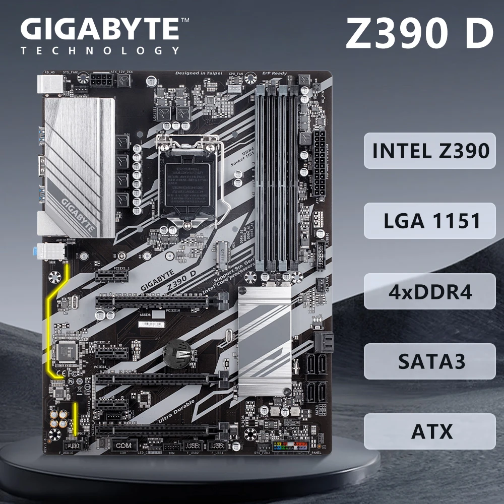 GIGABYTE 마더보드 인텔 Z390 D 칩셋 지지대, 9 코어 및 8 코어 프로세서용, 4 x DDR4 DIMM HDMI 사용 마더보드 