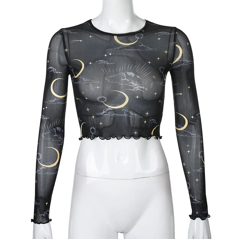 Sun Moon Star Print Mesh T-Shirt Langarm Slim Fit Crop Tops sehen durch y2k Fairycore sexy Shirts weibliche Sommerferien T-Shirts