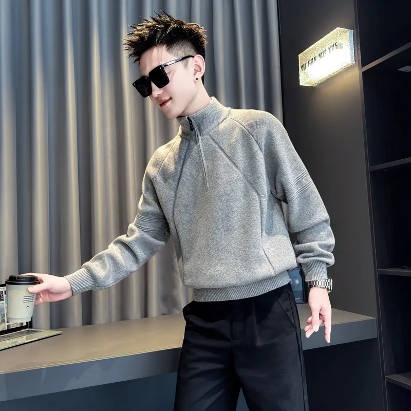 

Теплый вязаный свитер на молнии с воротником-стойкой для мужчин, маленький размер, повседневный спортивный топ, модная осенне-зимняя верхняя одежда