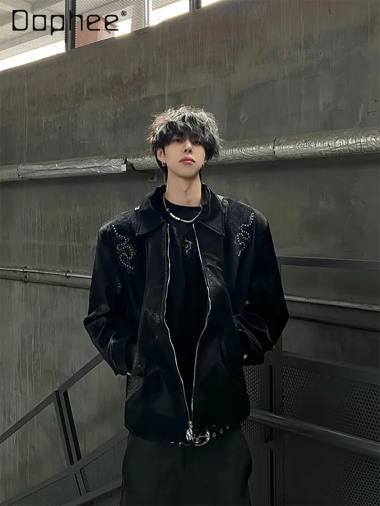 

Spring Autumn American Retro Ribbed PU Leather Fabric Patchwork Jacket for Men Rivet Embroidery Turn-down Collar Black Jacket