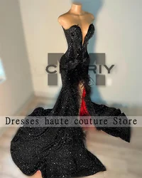 Black Sequins Mermaid Prom Dresses 2025 For Black Girls Feather Birthday Party Dress High Slit Evening Gowns Customized