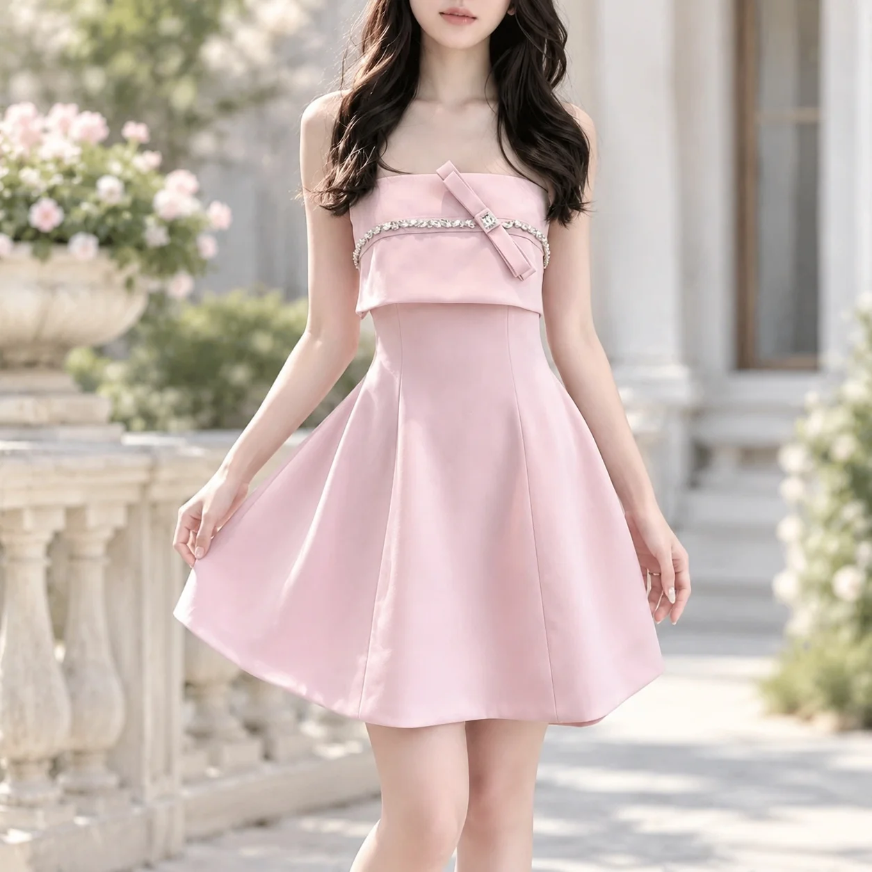 3d Pattern Gown One Design Mid Waist Elegant with a Line Silhouette Square Neckline Sleeveless Style Dress Summer for Women