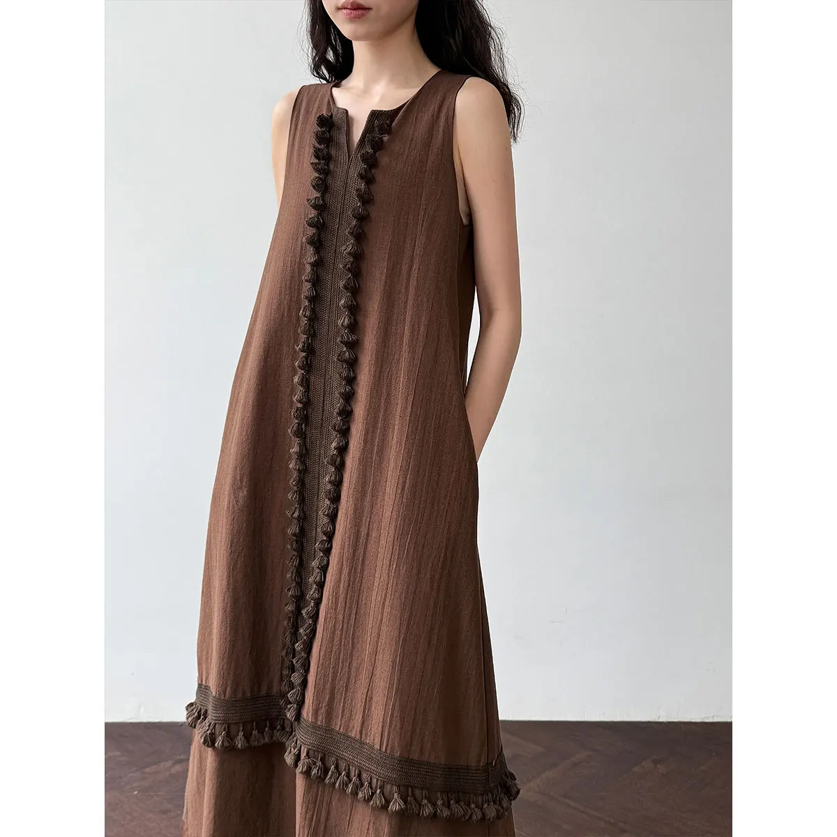 

Women's Summer Korean Style Tassel Patchwork V Neck Sleeveless Dress High Waist Slim Age-reducing Casual Dress