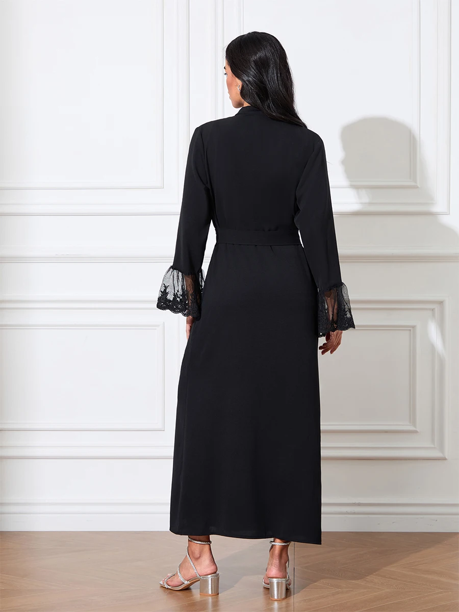 Women Caftan Gowns Mesh Long Flare Sleeve Tie Front Cardigan Loose Long Dress for All Seasons