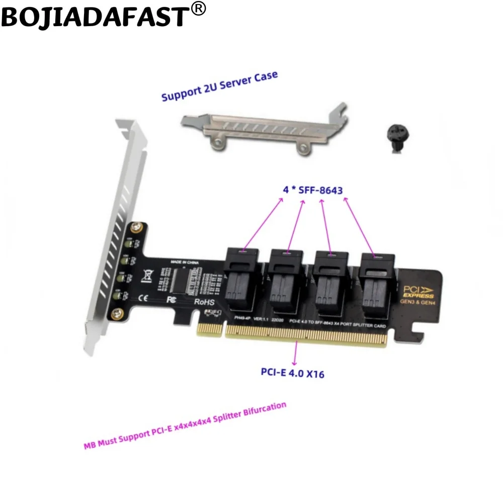 

4-портовый разъем Mini SAS SFF-8643 для PCI-E 4.0 X16 PCIE 3.0 16X адаптер расширения Riser Card для U2 NVME SSD