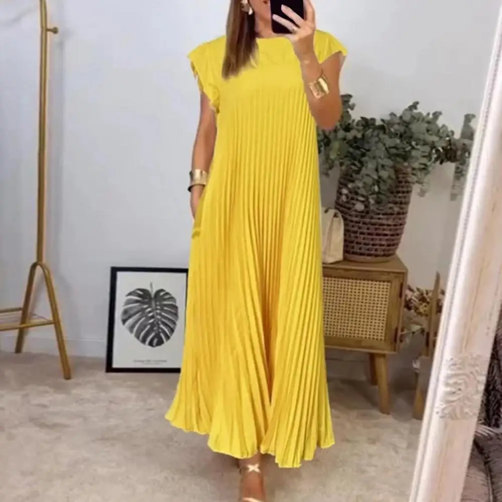 Falten kleid elegantes Maxi kleid mit Seiten taschen für Frauen einfarbiges Sommerkleid in A-Linie für den Weg zum Strand urlaub