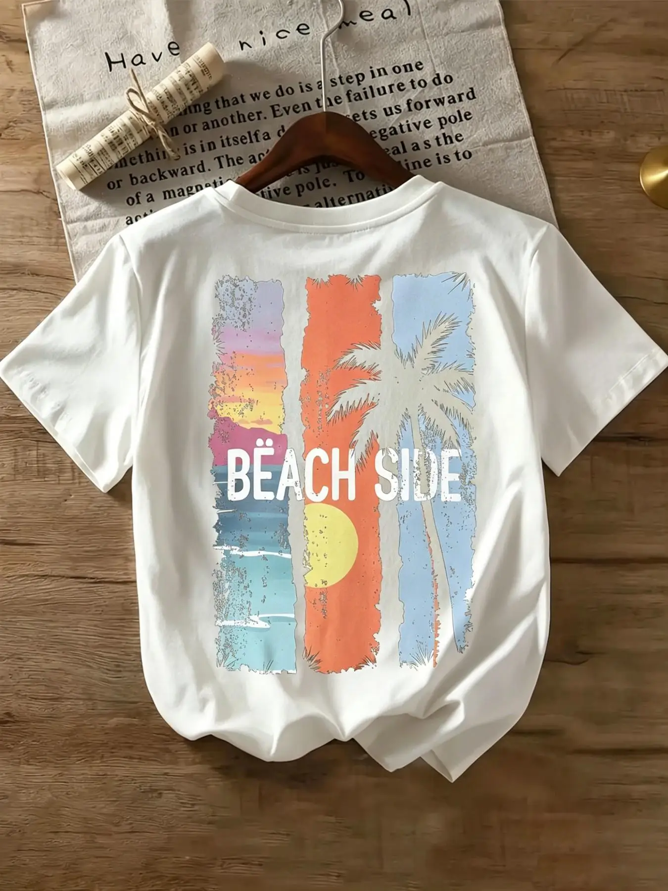 Ladies Vintage Tropical Seaside T-Shirt Short Sleeve Round Neck Coconut Sunset Print Cotton Blend Casual Beach Wear