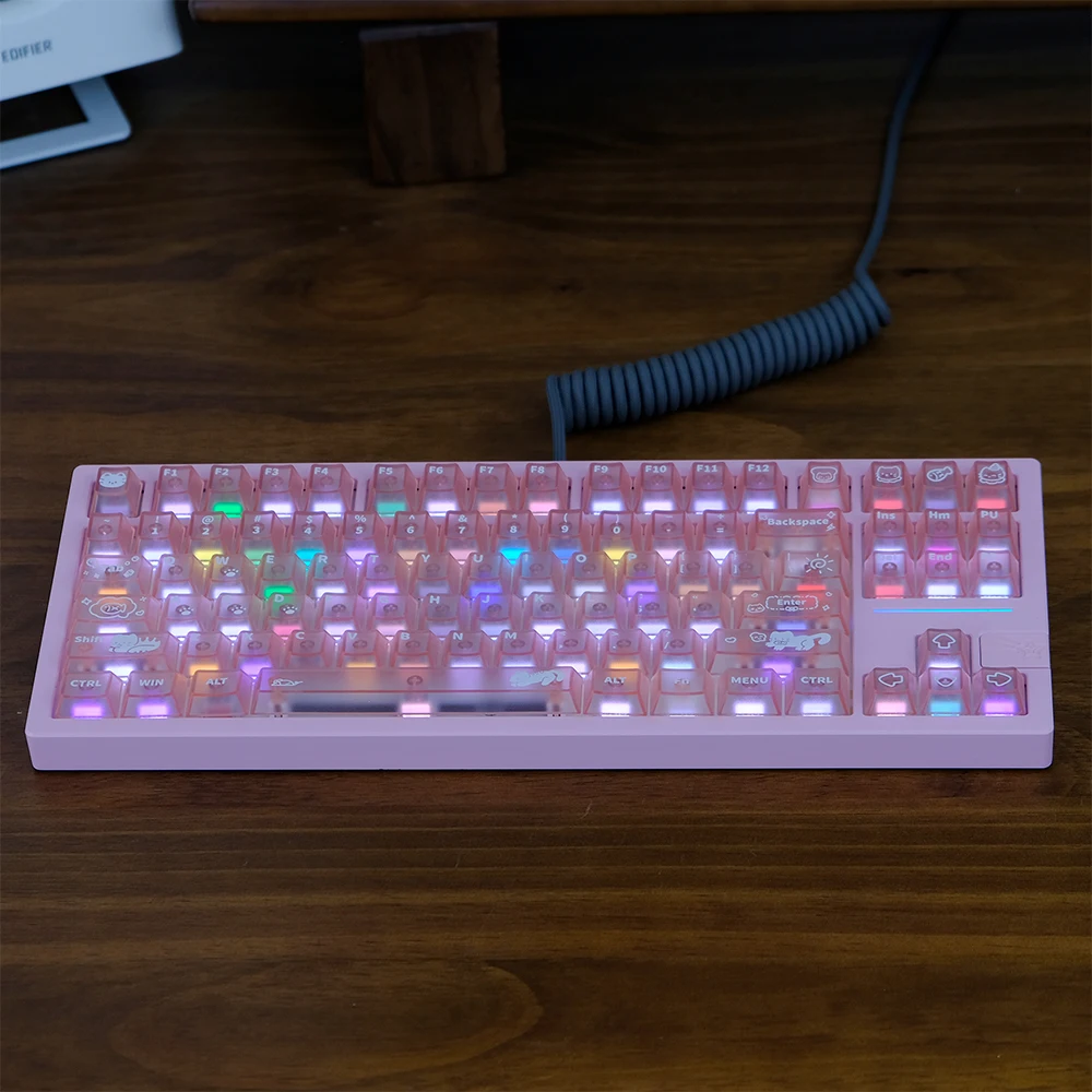Sweet Cat Keycap Cute Pink Mist Through Cherry Pbt Keyboard Keycaps Aula Frosted Translucent Key Cap 140Keys