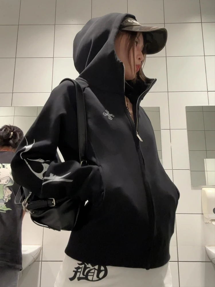 American Sle Punk Hooded ort Cardigan Damen Frühling Herbst Neu Slim Fit Oulder Top Mantel Lässig Bequem Lang Sve