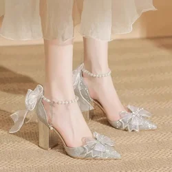 High Heels 2024 New Pearl Bow Silver Hollow Sandals Graduation Wedding Dress Big Size Bride Shoes